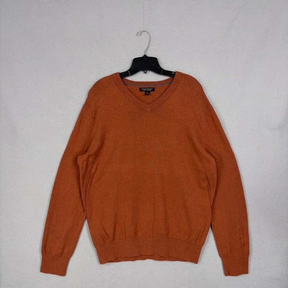 Banana Republic Sweater Mens XL Orange Cotton Cashmere V-Neck Pullover Classic